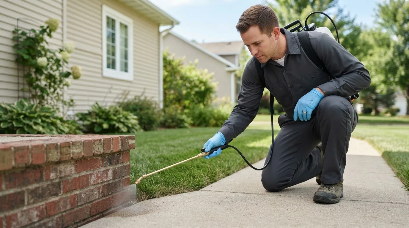 Pest control technician treating a home near Woodville, AL