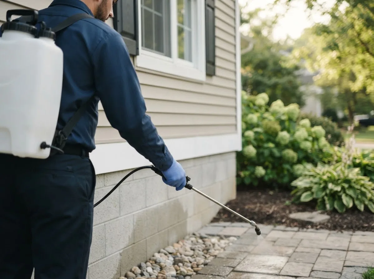 Pest control technician inspecting a home in Woodville, AL